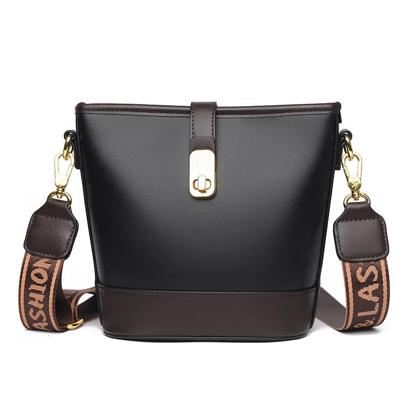 Korean style soft PU leather bucket messenger bag with dual straps in black colour
