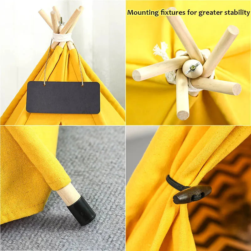 Striped flax linen pet teepee tent with cushion for small dogs or cats indoors
