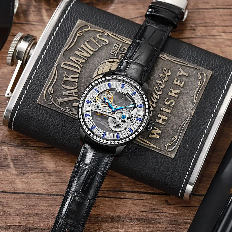 Men's luxury zircon mechanical watch with transparent case back on a black leather strap