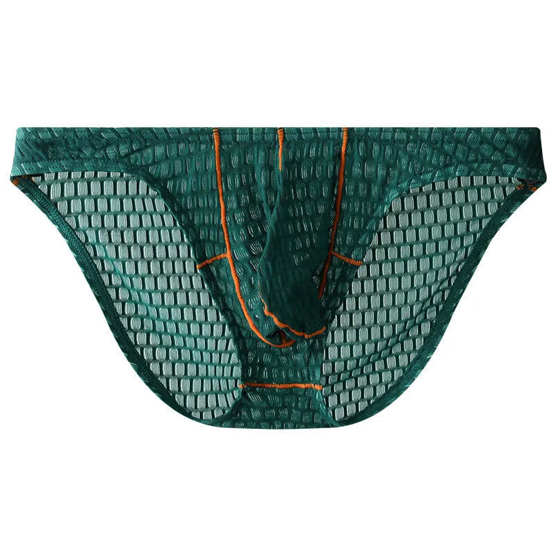 Men's white ice silk lace low waist briefs on a plain background