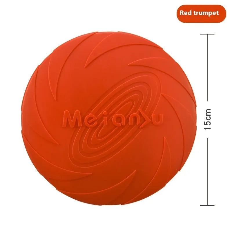 Soft rubber dog frisbee in red, blue and green colour options showing small, medium and large size variations