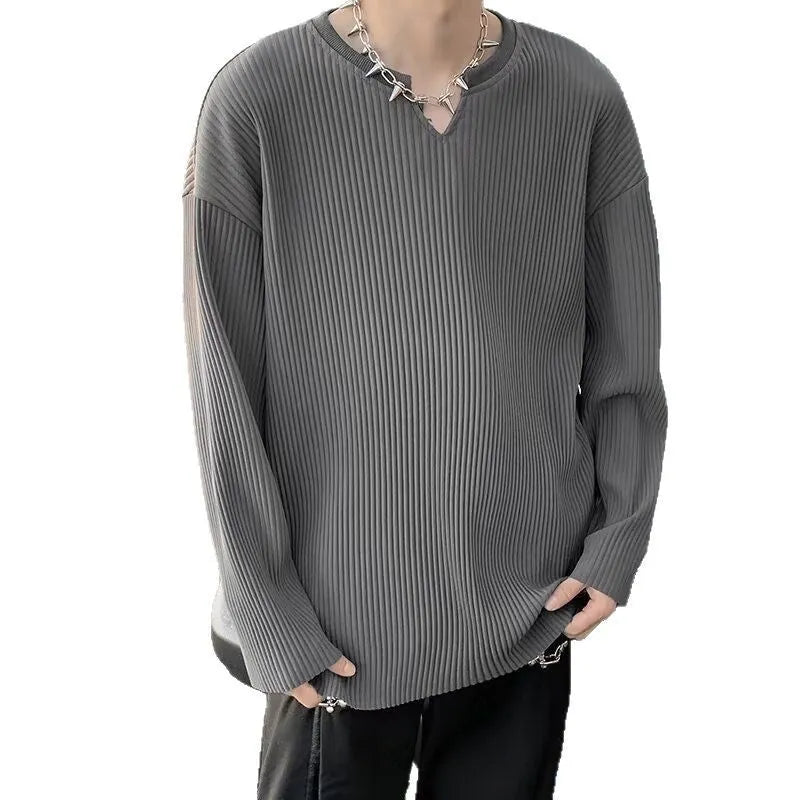 Plus size women's loose pullover top with long sleeves in striped or solid colours