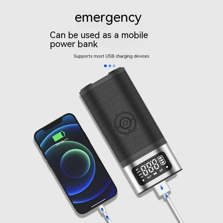Black portable wireless smart air pump with USB cable, 15cm tube, and nozzle accessories on a grey background.