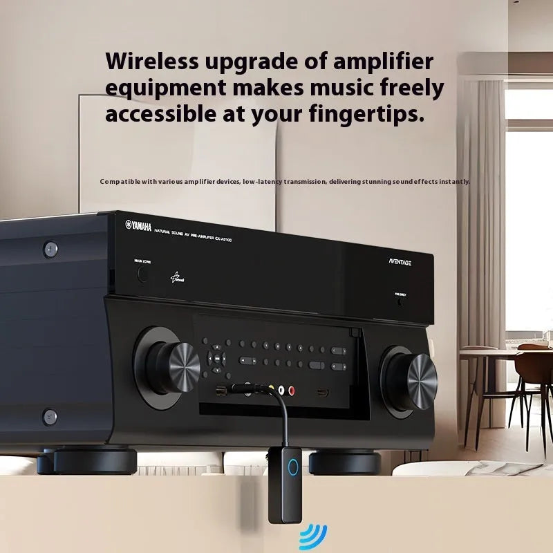Black Bluetooth 5.4 audio adapter with a 3.5mm aux plug for wireless sound receiving and transmitting.