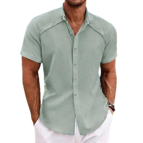 Hawaiian casual short sleeve solid colour cotton blend shirt in matcha green on a hanger