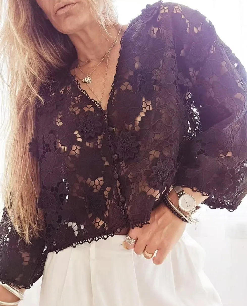 Black lace cardigan with three-dimensional flower decoration and V-neck design