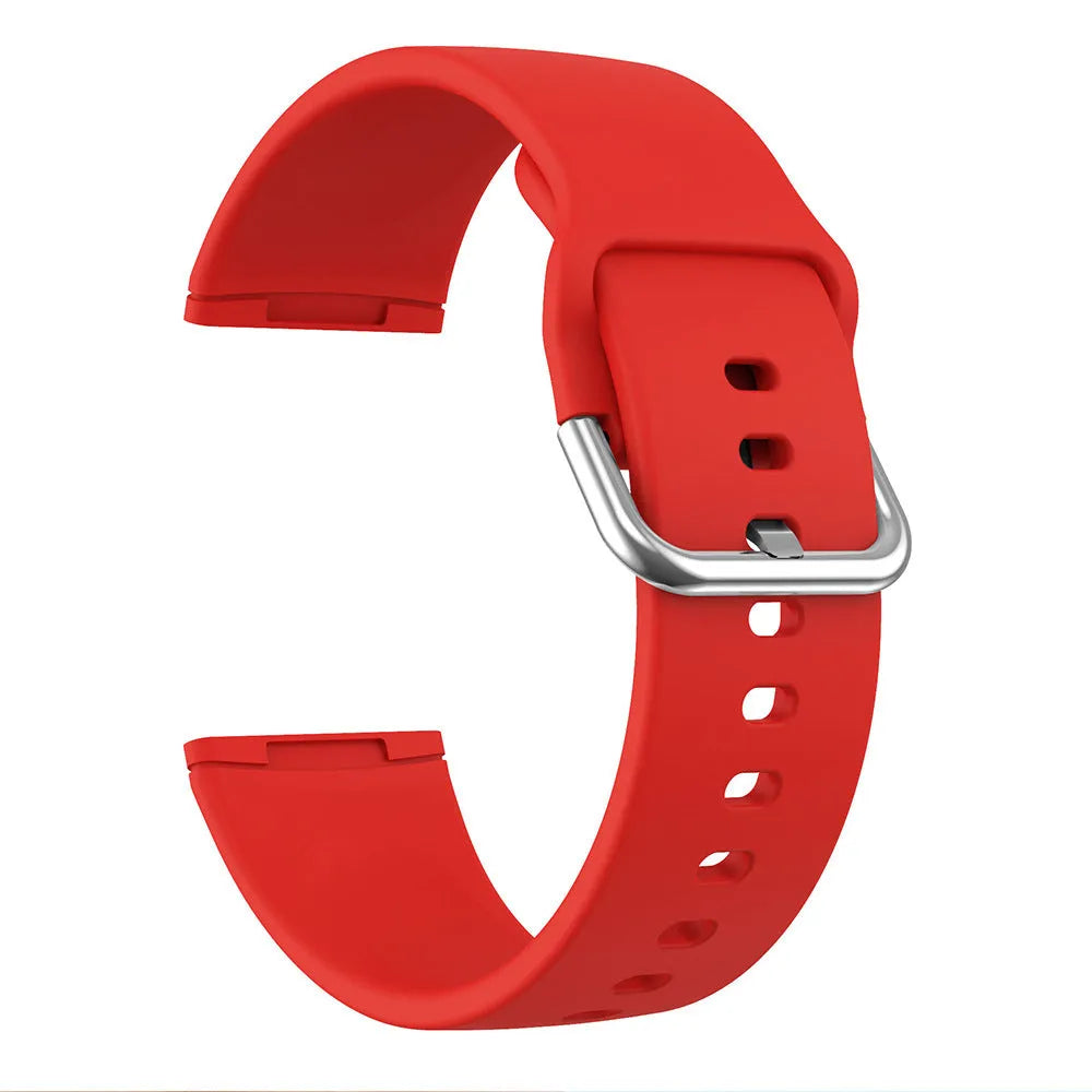 Silicone replacement strap with silver buckle for Fitbit Versa 3 and Sense 2 in multiple solid colour options.