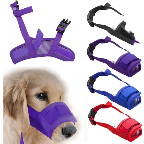 Adjustable plastic basket-style dog muzzle in red, shown on a dog's snout with quick-release buckle.