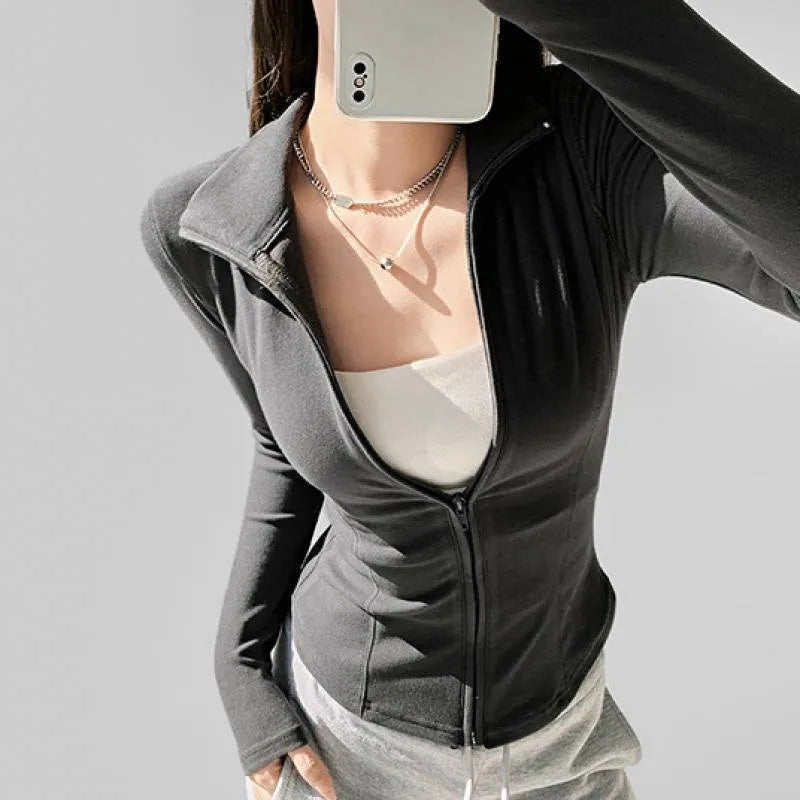 Women's slim fit Dralon zipper cardigan in grey with full zipper and flying sleeves