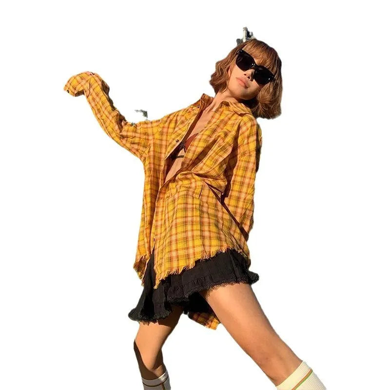 Dopamine yellow and black plaid pattern on a loose-fit men's and women's cardigan-style shirt.