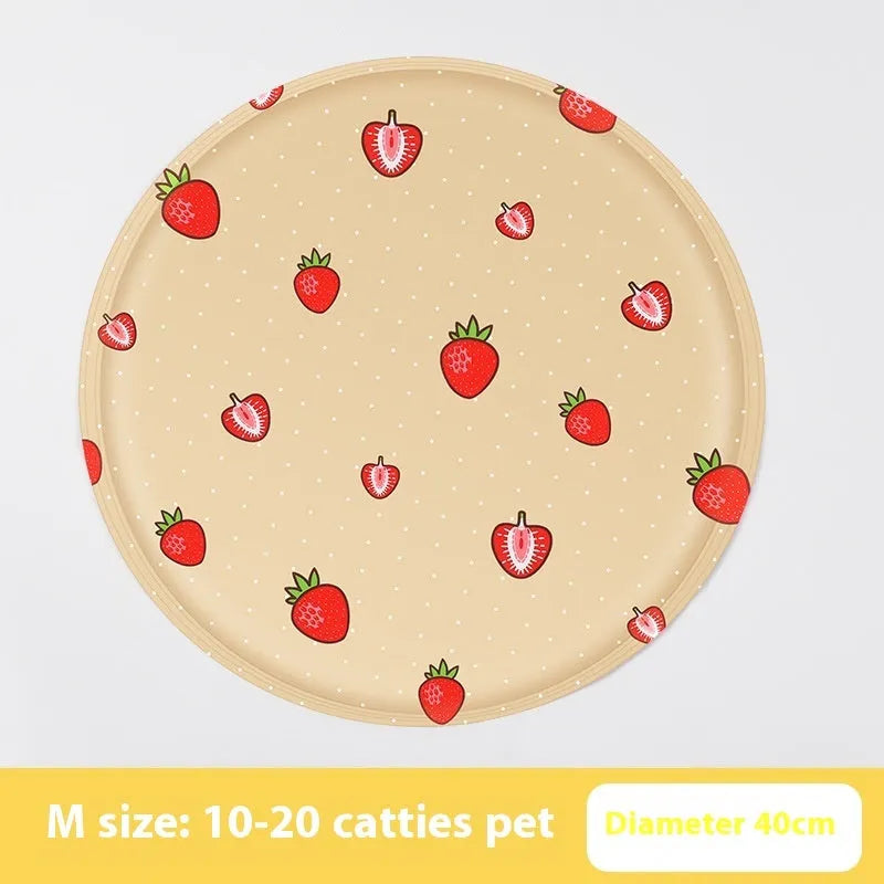 Round cloth pet cooling mat with cartoon bunny design, shown in beige colour.