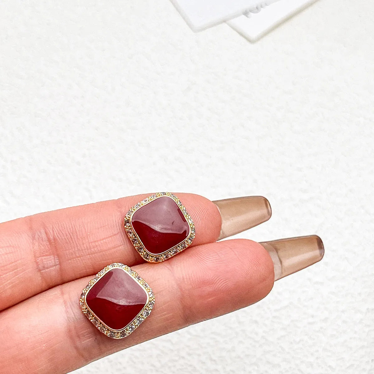 Red alloy square geometric plate earrings with inlaid design for women