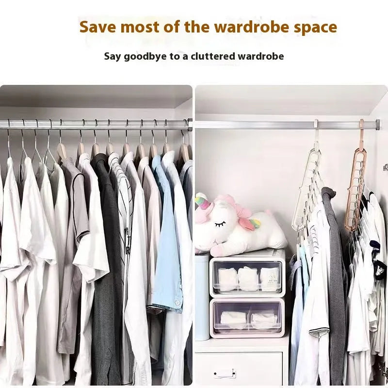 Green plastic nine-hole folding hanger for trousers shown in a dormitory wardrobe.
