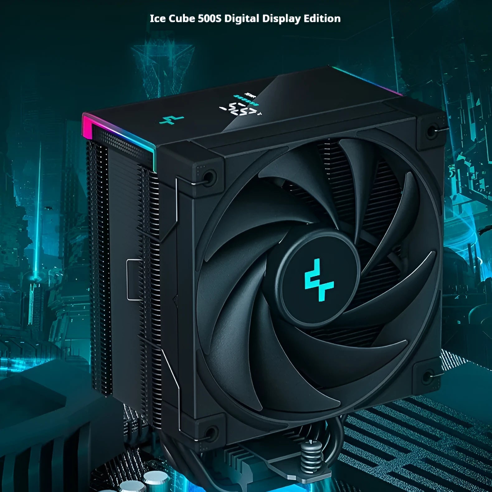 DeepCool black twin tower CPU air cooler with digital temperature display installed on a motherboard.