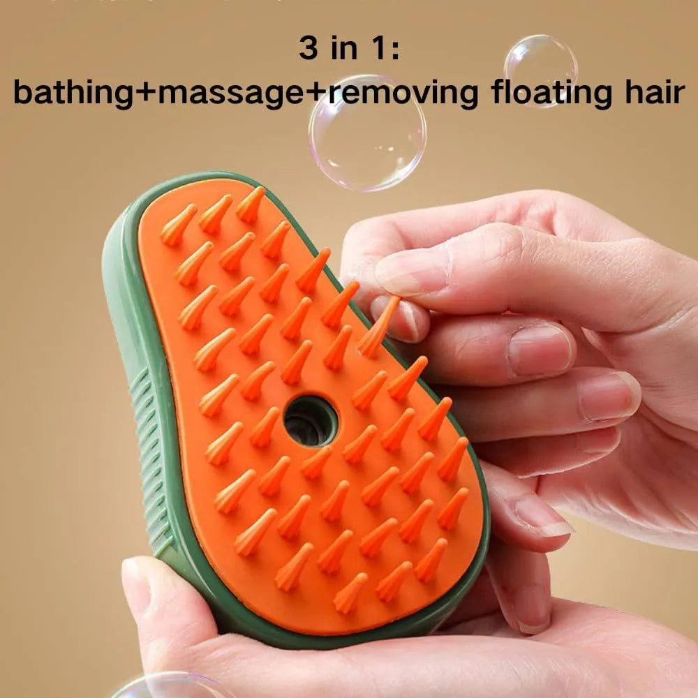 Green and white silicone cat steam brush with water spray function for pet grooming