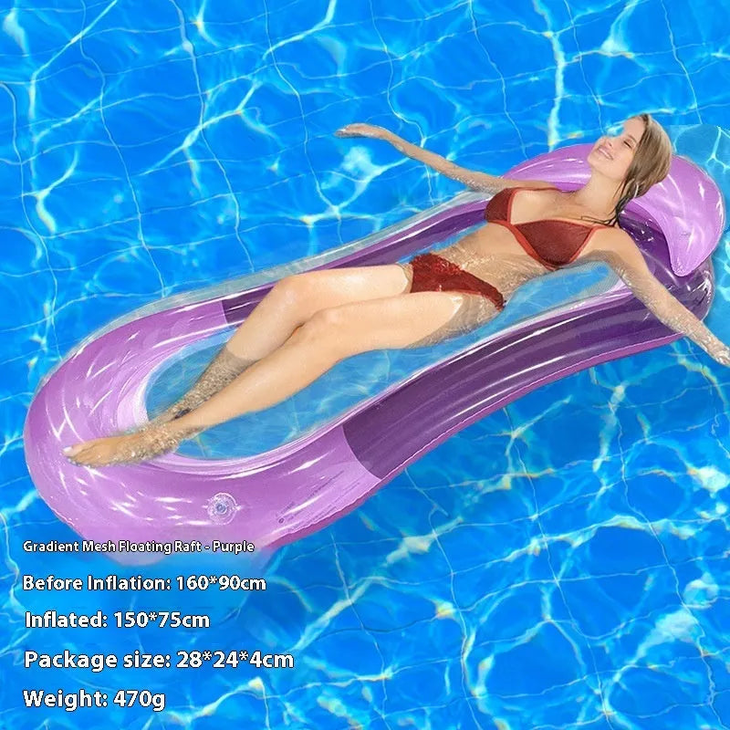 PVC inflatable floating row pool lounge in gradient sequin blue-purple wave design with canopy