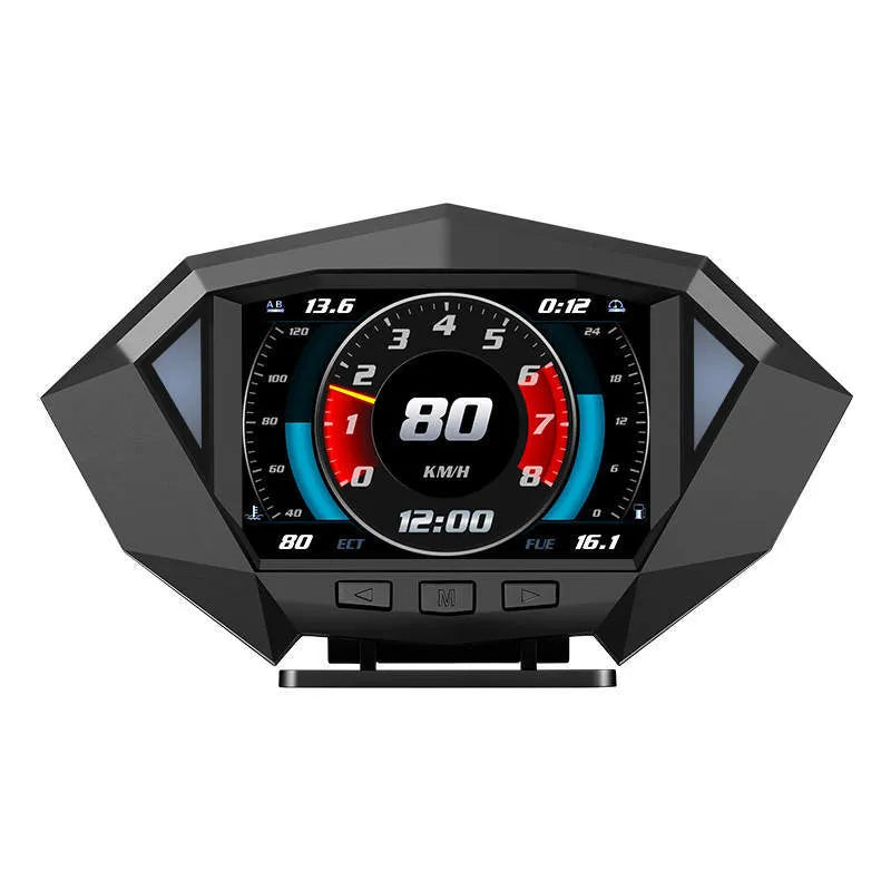 Black vehicle HUD display unit with LCD screen and OBD connection cable on car dashboard