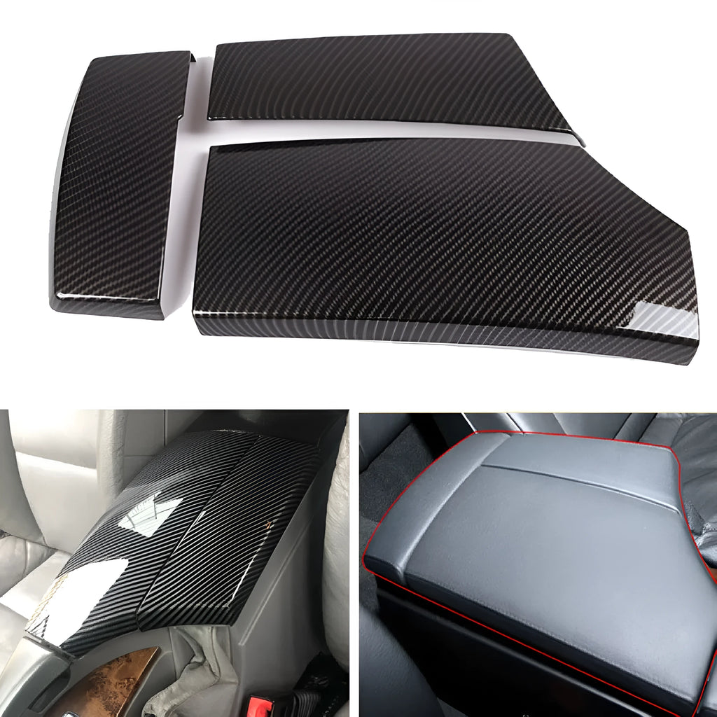 Three black ABS car armrest box covers with a shiny carbon fibre diagonal weave pattern.