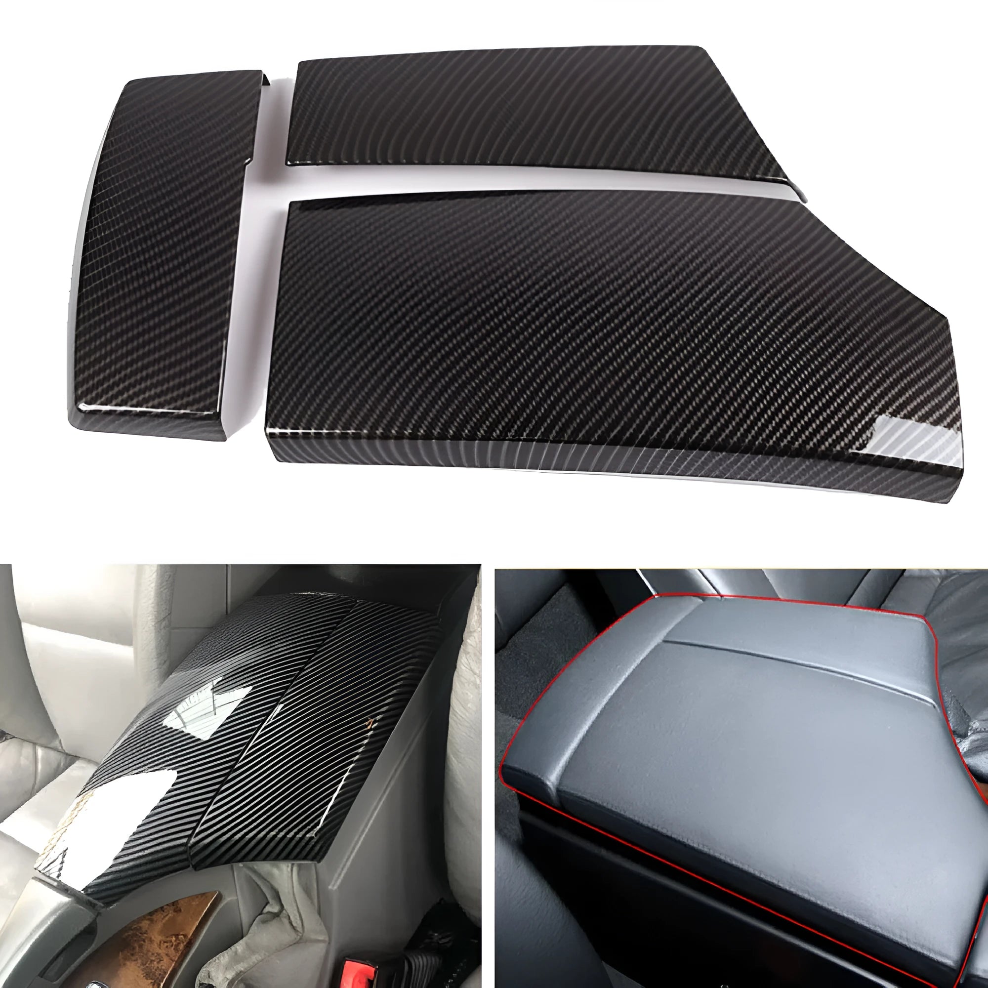 Three black ABS car armrest box covers with a shiny carbon fibre diagonal weave pattern.