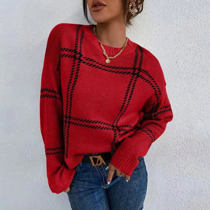 Women's loose casual plaid colour-block crew neck sweater with striped pattern