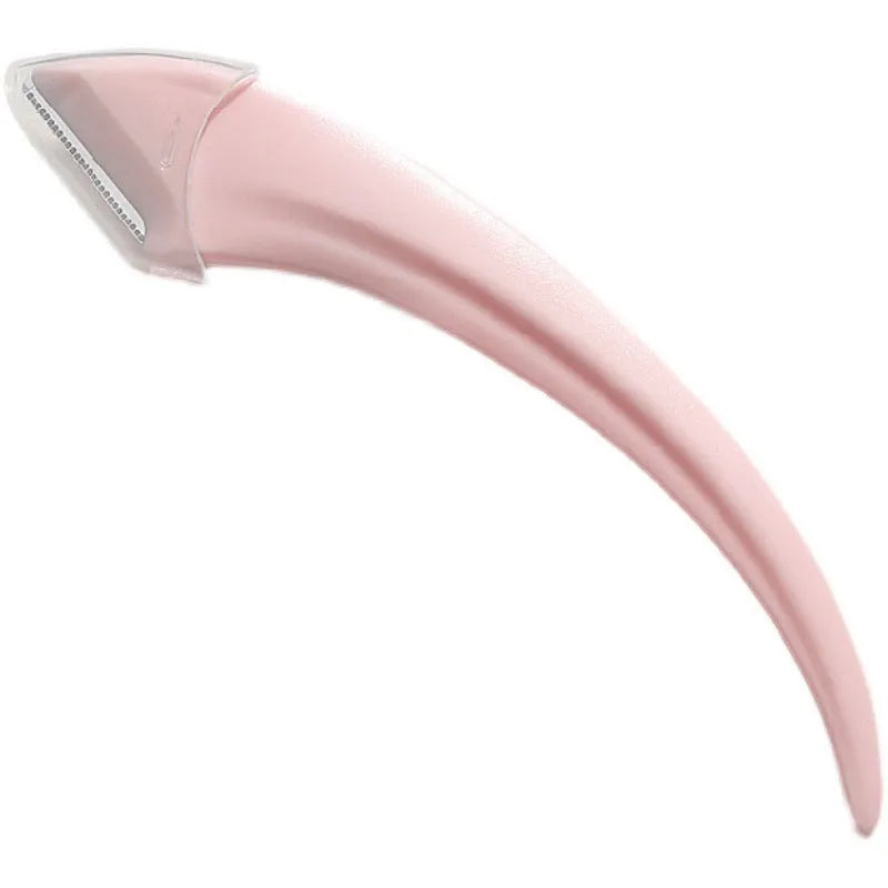 Close-up of a curved moon-shaped eyebrow trimming knife with a comb, in pink and white colours.