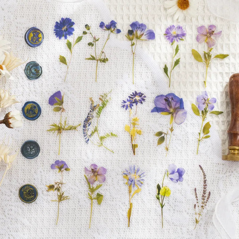 Set of dried flower journal decoration stickers in 8 styles including Dark Night Purple and rose nebula designs