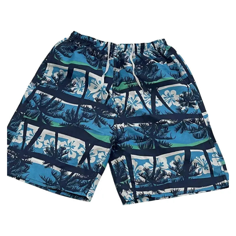 Men's printed five-point swimming trunks with floral pattern in polyester fabric