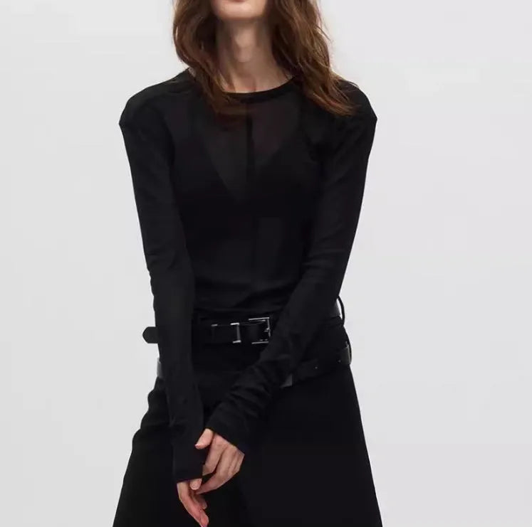 Black mesh texture slim-fit pullover top with long sleeves and round collar