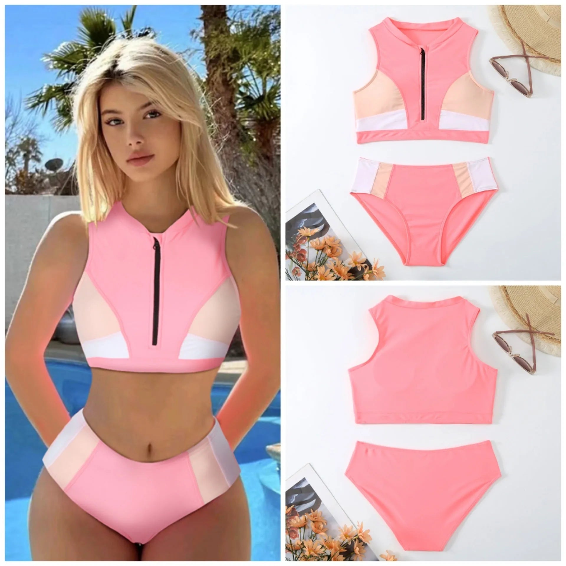 Pink high-waist bikini swimsuit with split-leg briefs and matching bra on a mannequin.