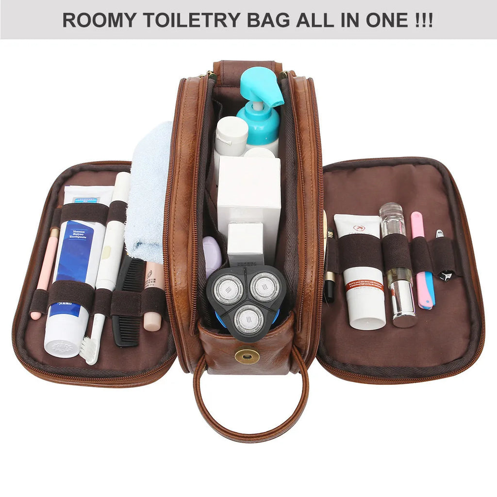 Men's black PU leather toiletry bag for travel cosmetic storage.