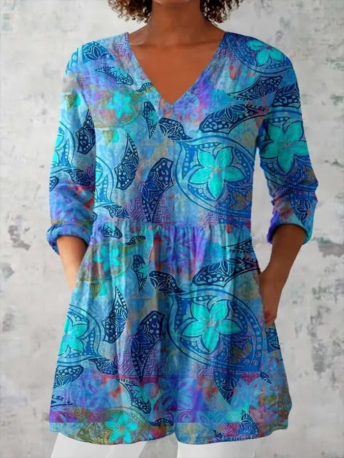 Women's retro slim fit long-sleeved top with digital printing in polyester fabric