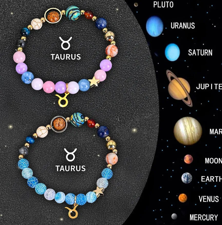 Set of two natural stone beaded bracelets for zodiac signs on adjustable elastic strings.