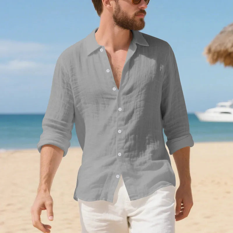 American-style loose-fit linen casual shirt in Army Green, laid flat to show button front and relaxed silhouette.