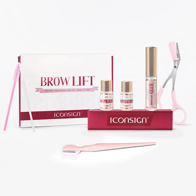 Pink eyebrow quick ironing tool and suit from an eyebrow perm and keratosis treatment kit.