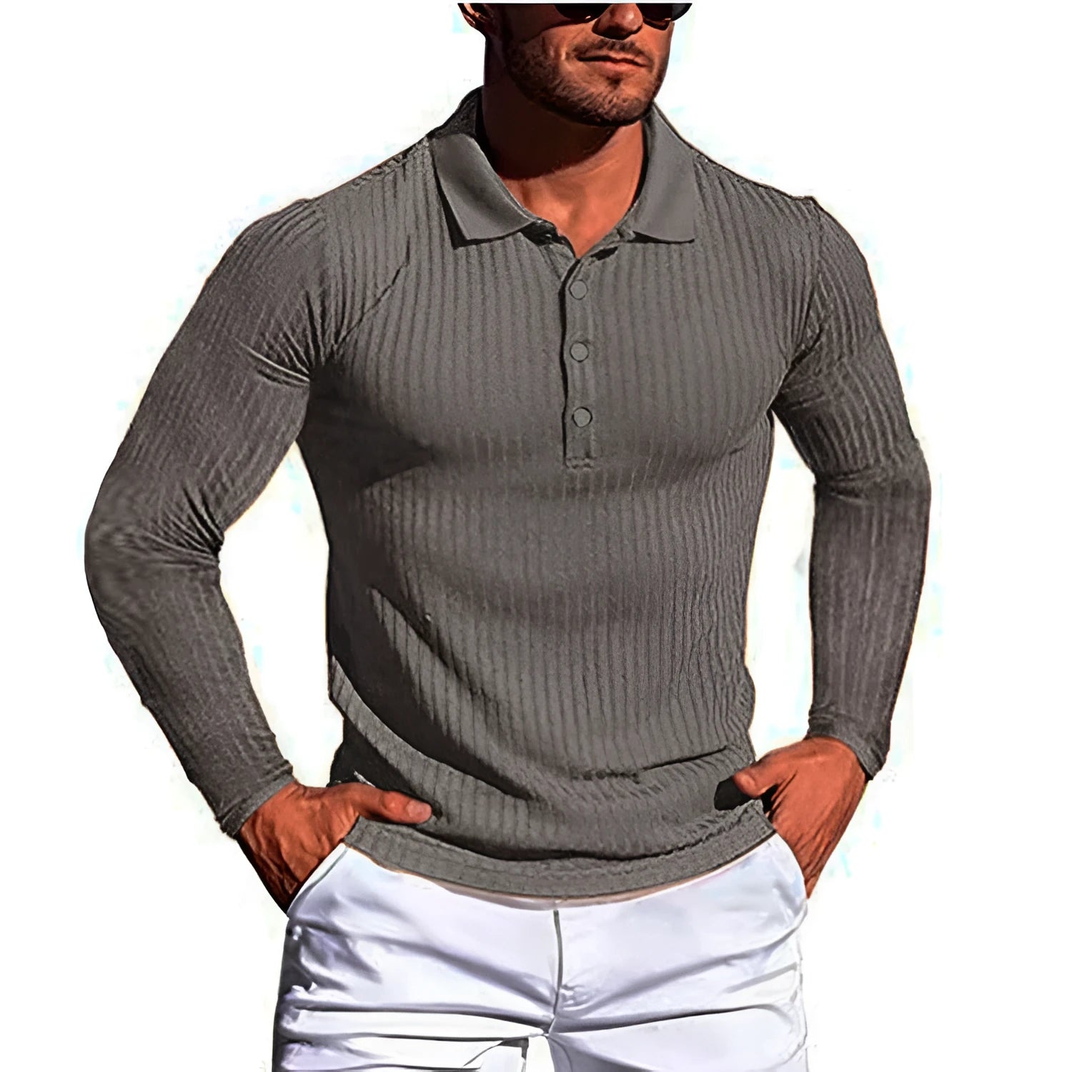 Men's striped summer shirt in elastic knit fabric showing loose fit and short sleeves