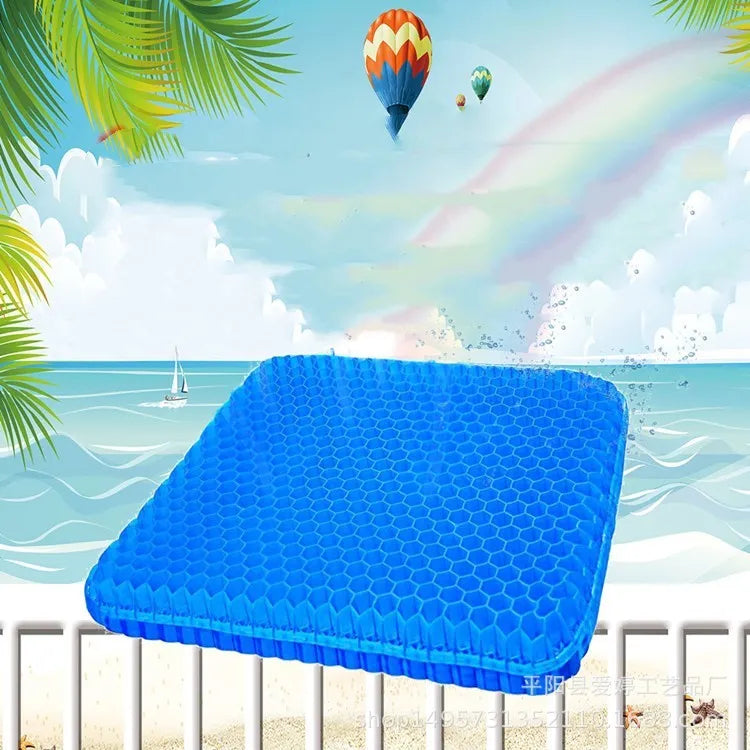 Square breathable honeycomb gel seat cushion with removable PVC cover on a chair.