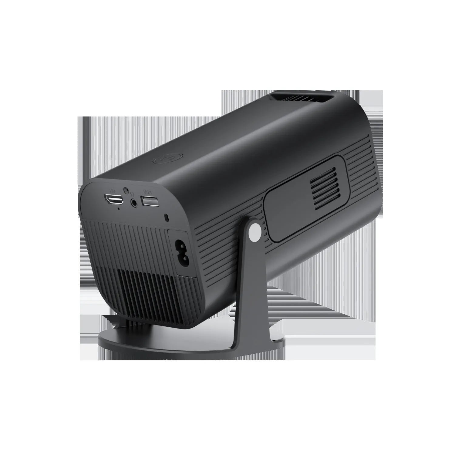 Black or white portable mini projector with remote control and power cord on plain background