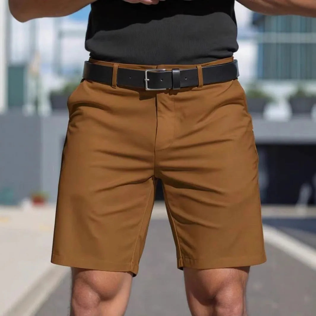 Men's solid colour straight-cut elastic fifth pants in light grey on a hanger.