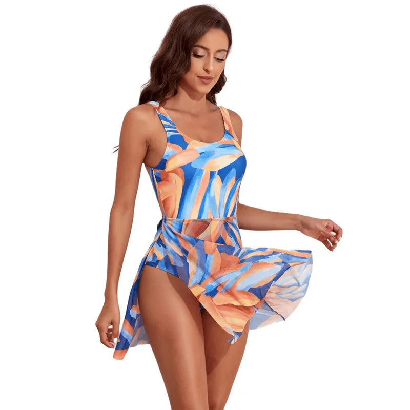 Women's single-shoulder one-piece swimsuit with floral digital printing and slim waist design