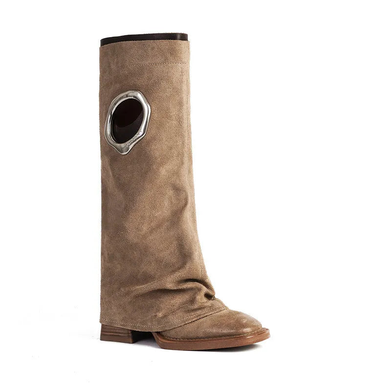 Women's all-matching mid heel knee-high boots in solid colour, square toe, black and apricot options