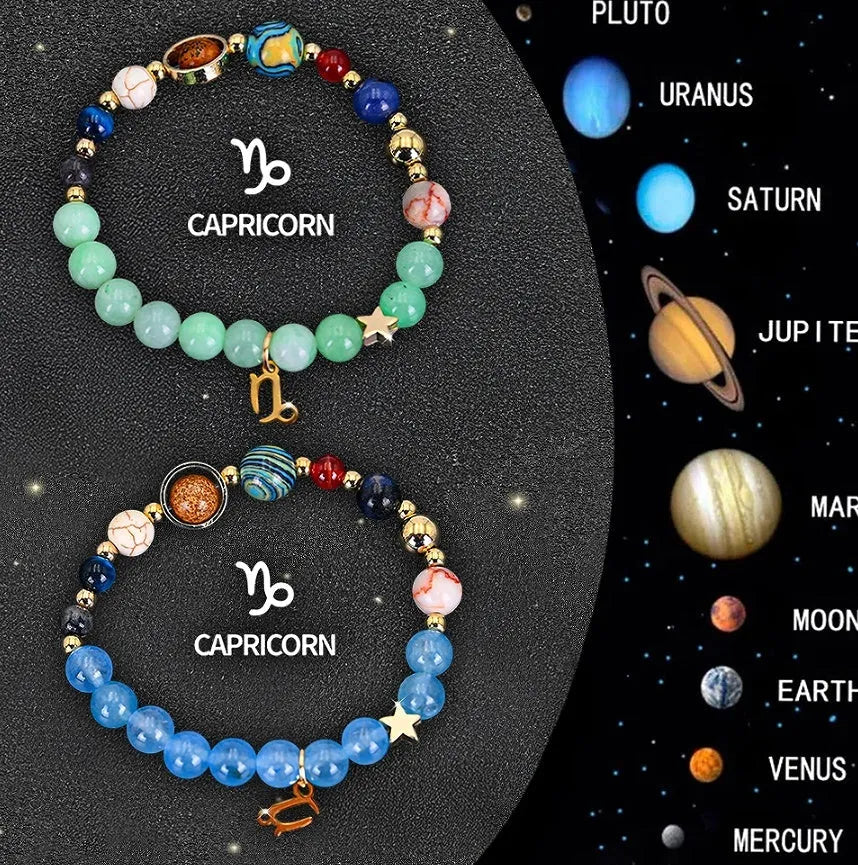 Two natural stone beaded bracelets showing zodiac symbols for all twelve astrology signs