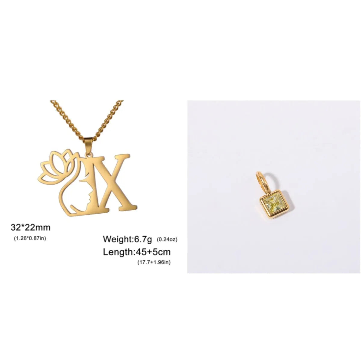 Stainless steel necklace with cross chain design and initial pendant in gold or silver finish