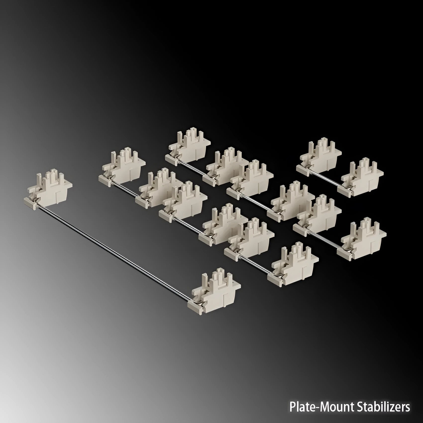 Keyboard stabiliser accessory kit showing 6.25U and 7U satellite axes with 4.3-inch bar in Black or Milky White