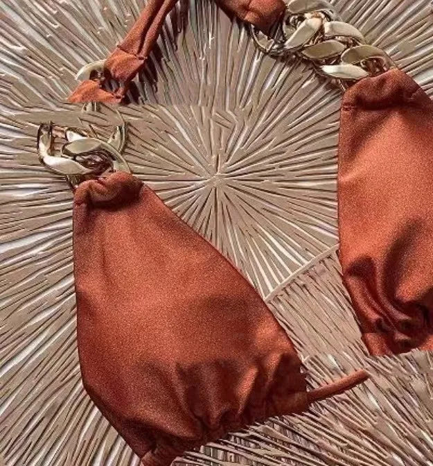 Brown tube top split bikini swimsuit with ring-tether detailing and push-up design