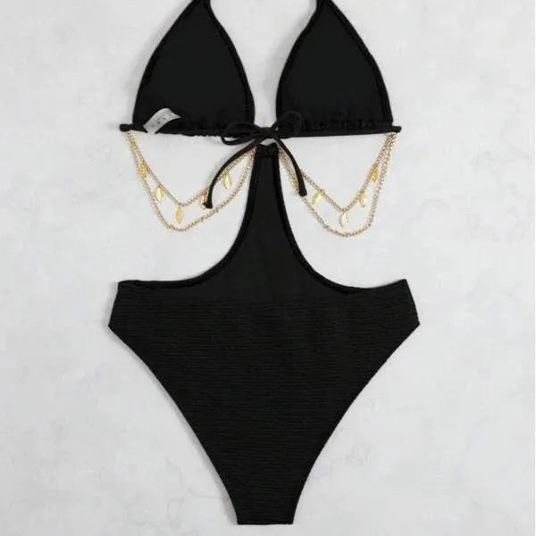 Women's black bikini swimsuit with chain detail on triangle top