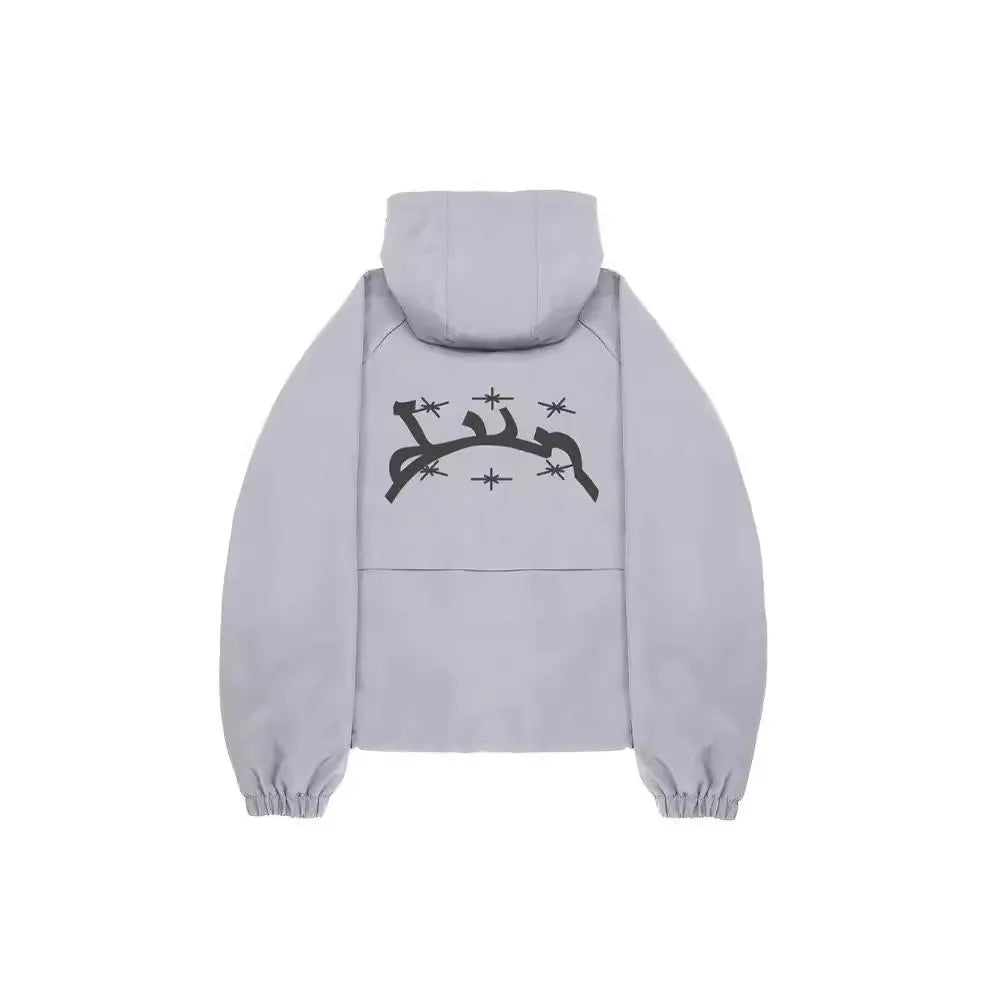 Men's grey hooded sunscreen jacket in British loose style shown on model
