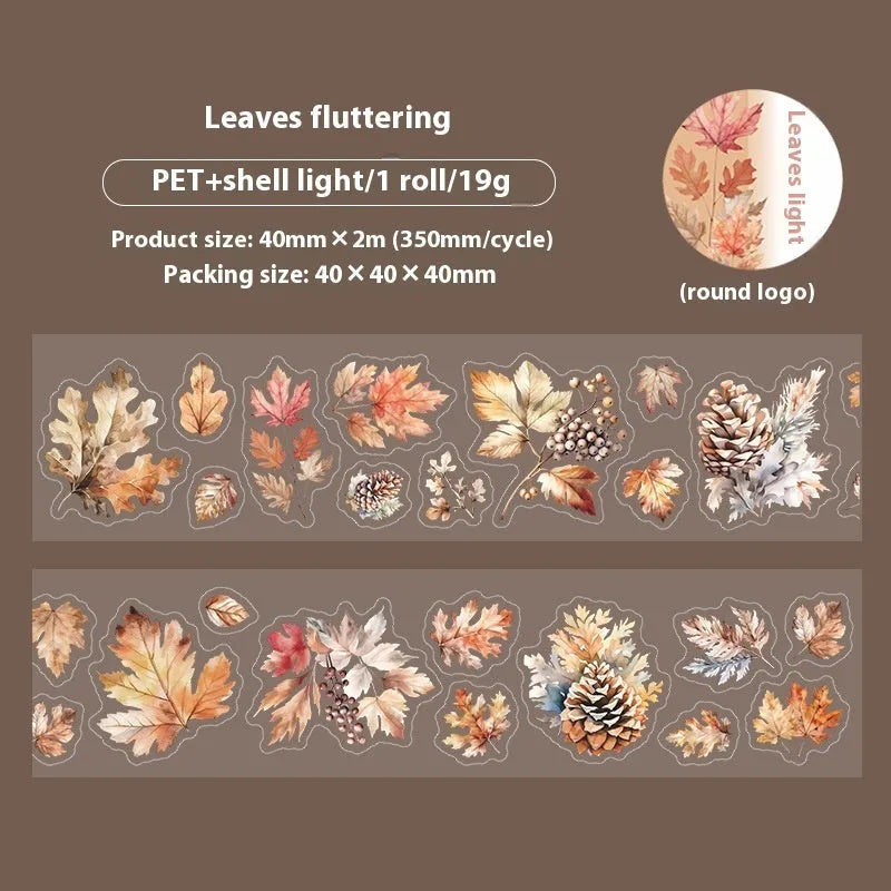 Roll of PET decorative stickers with six leaf patterns including ginkgo and maple designs for DIY projects