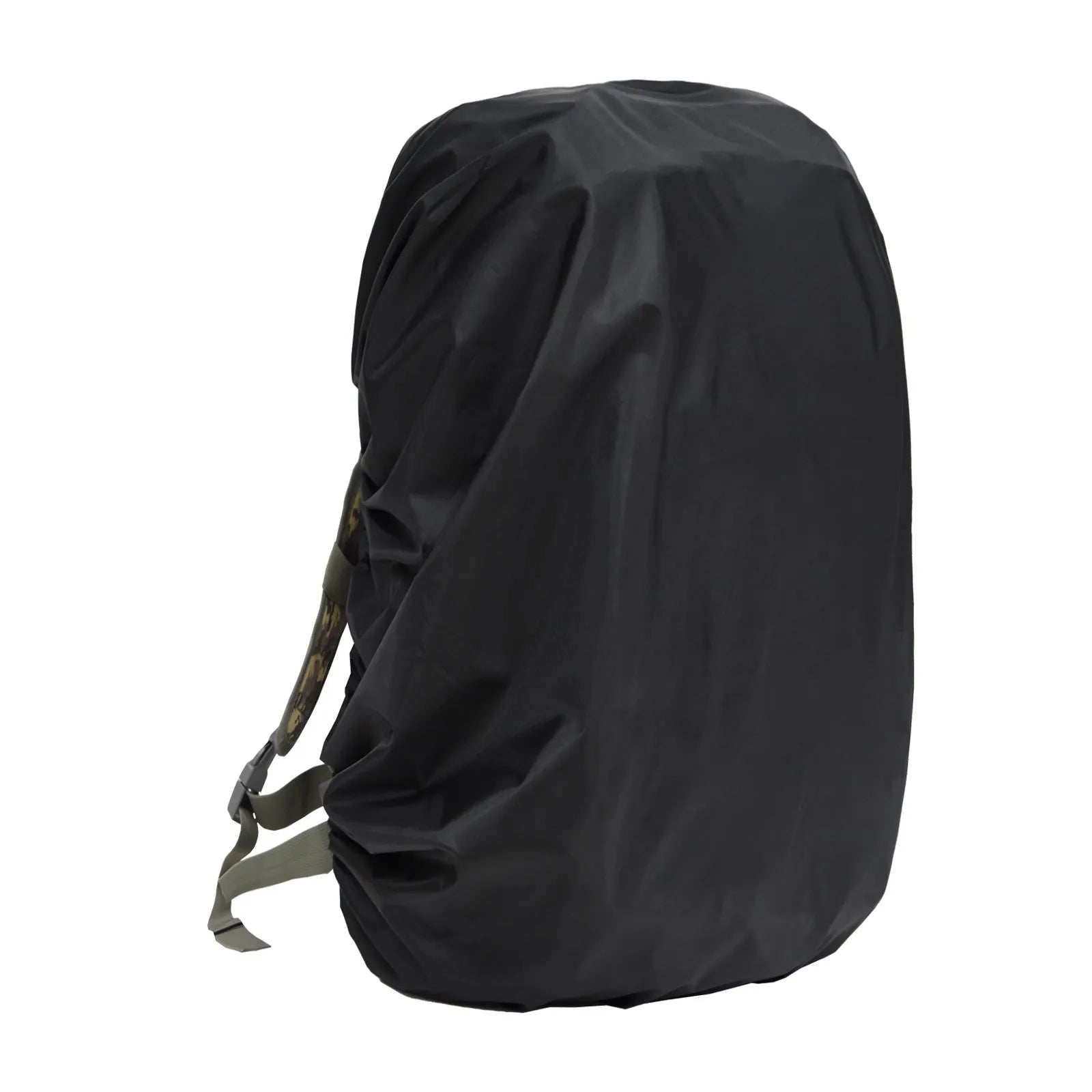 Army Green waterproof rain cover for an 80-litre outdoor backpack on a hiking trail.