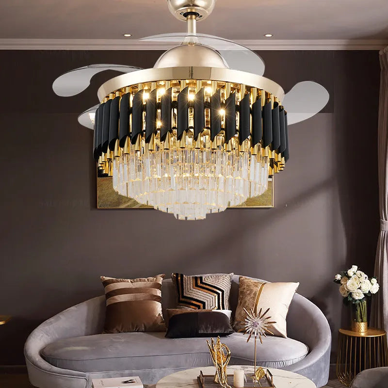 Crystal chandelier ceiling fan light with remote control in 42 inch or 48 inch size options