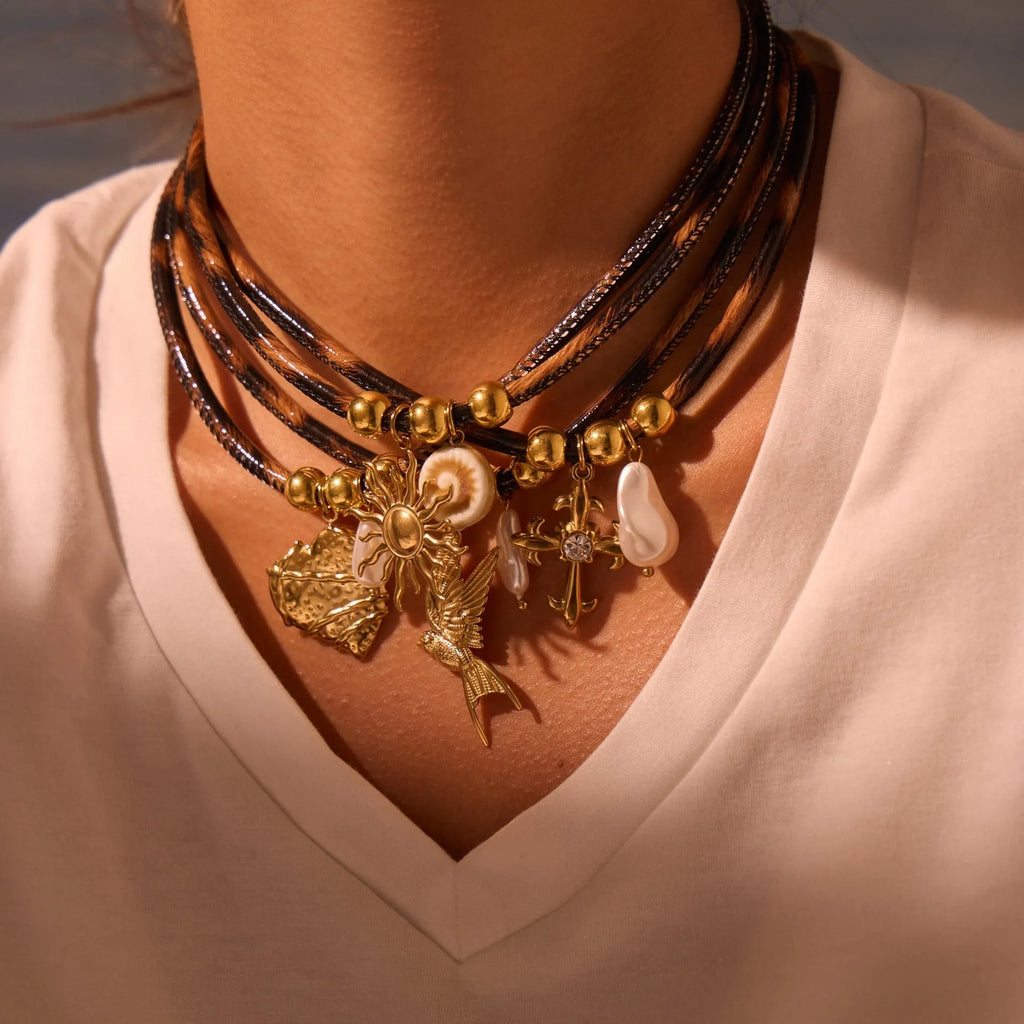 Women's geometric leopard pattern stainless steel necklace with gold electroplated finish on adjustable chain